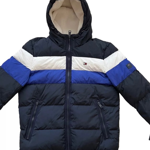 Tommy Hilfiger Hooded Wind Resistant Puffer Jacket Navy Blue White Mens Medium M - Picture 4 of 9